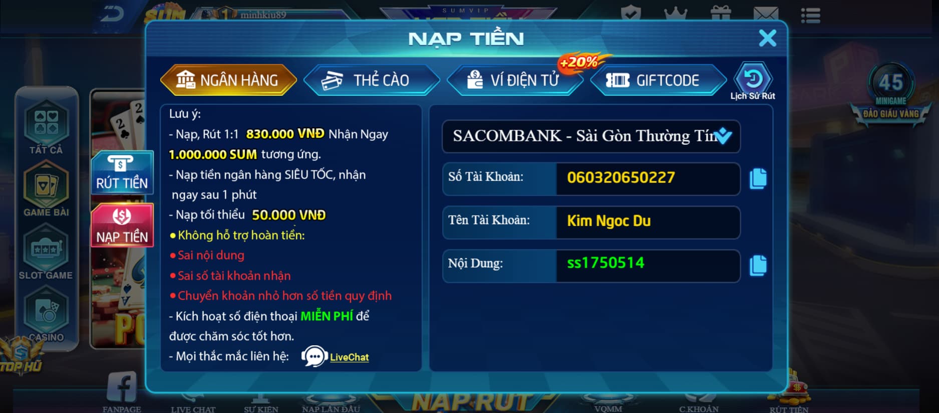 Trang chủ 39 Đa dạng kênh nạp rút tiền tại Sum Vip